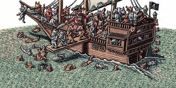 Pirate ship of pets with pirate making dogs walk the plank
