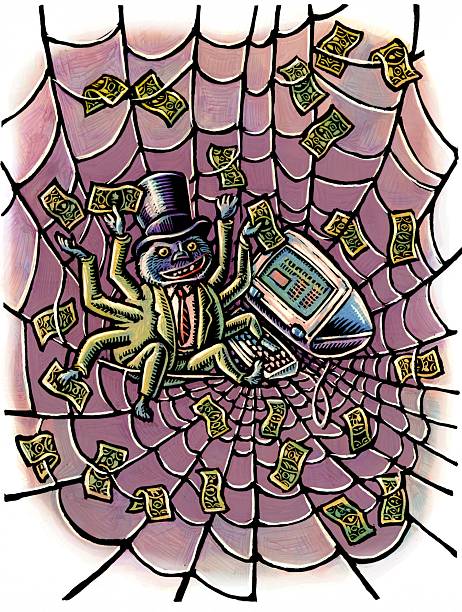 laba-laba berjas dan topi melihat komputer dan menangkap uang dolar di jaringnya - laba laba arachnida ilustrasi stok