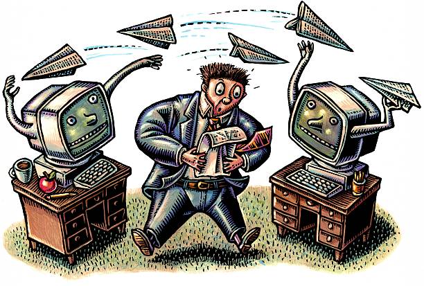 istock two computers in an office throw paper airplanes over the head of a man in the middle 2242019671