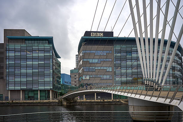 Manchester, UK, 18 September 2025: Modern BBC office buildings by a dock with a unique pedestrian bridge.