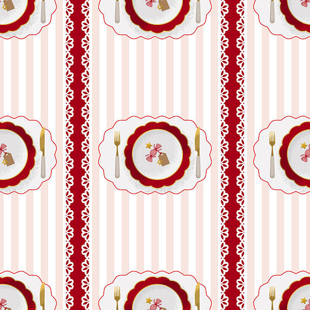 Christmas Seamless Pattern with plates, served with festive decorations. Vector illustration in textured style