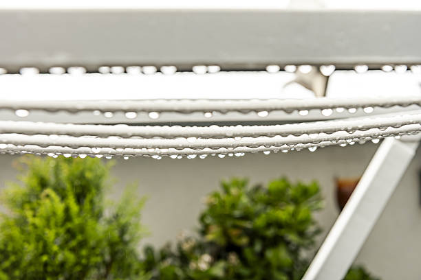 A white plastic folding clothesline filled with rainwater drops located on a terrace full of green plants