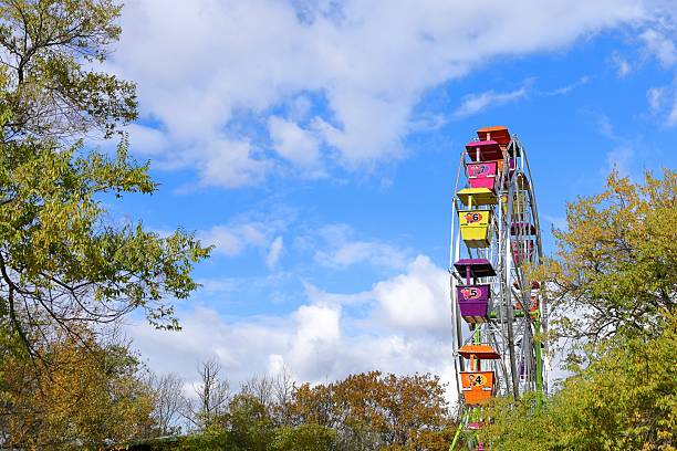 Closeup of multi-coloured Giant Wheel during Dussehra Mela in Delhi, India. Bottom view of Giant Wheel swing. Ferris wheel with colourful cabins during evening time.