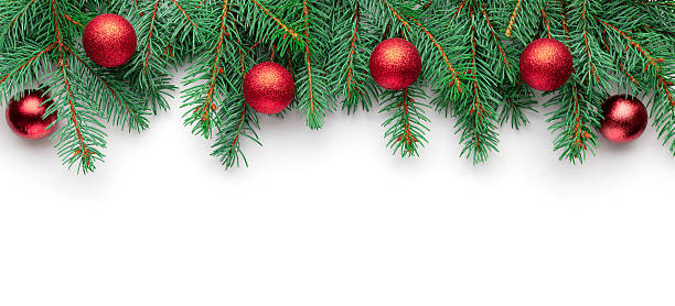 istock Christmas fir branches with red baubles top view 2242059709