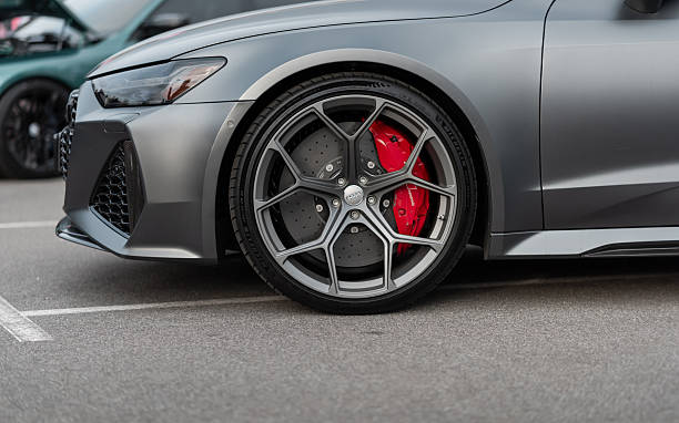 Close up photo of a sports car wheel detail