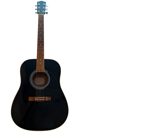 istock Black acoustic guitar standing vertically on a pure white background 2242060876