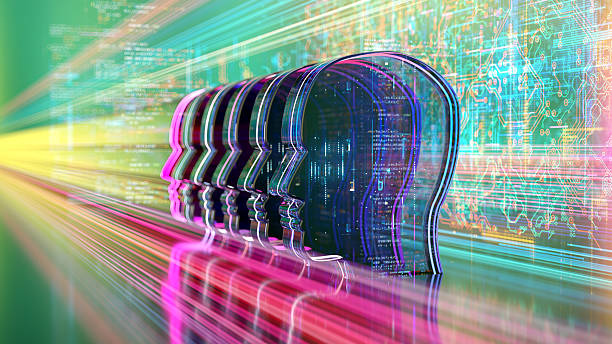 Abstract program code and big data, artificial intelligence, machine learning, quantum computing, and digital transformation technologies. Head shape stock photo