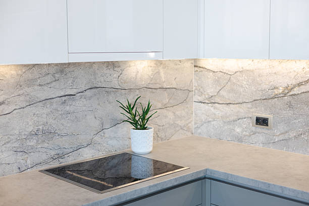 istock Modern Kitchen With Marble Backsplash, Induction Cooktop, And Potted Plant On Counter 2242083497