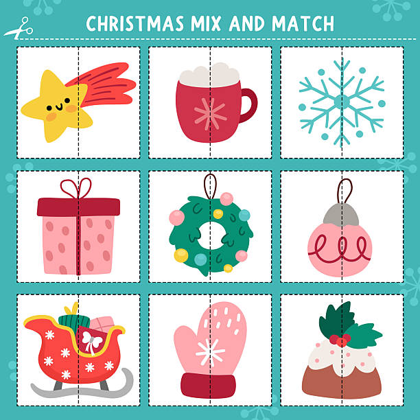 istock Vector Christmas mix and match puzzle. Matching New Year activity for preschool kids. Winter holiday printable game with falling star, present, mitten, snowflake. Cards with traditional symbols 2242084090