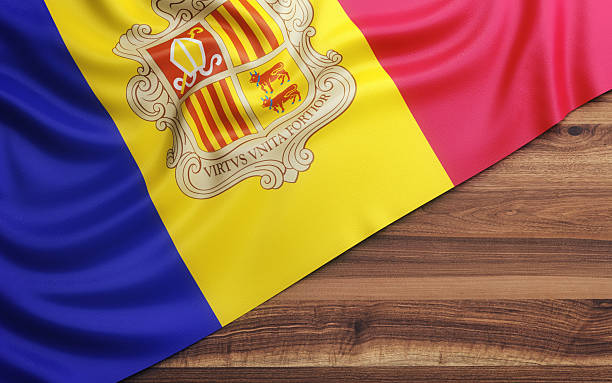 3d Render Wavy Andorra Flag on a Wooden Floor, Concepts of Democracy and International Relations