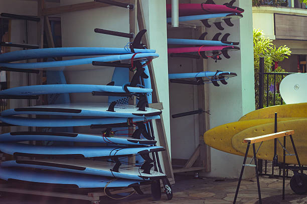 istock Surfboards on racks at a surf school in Hawaii 2242087096