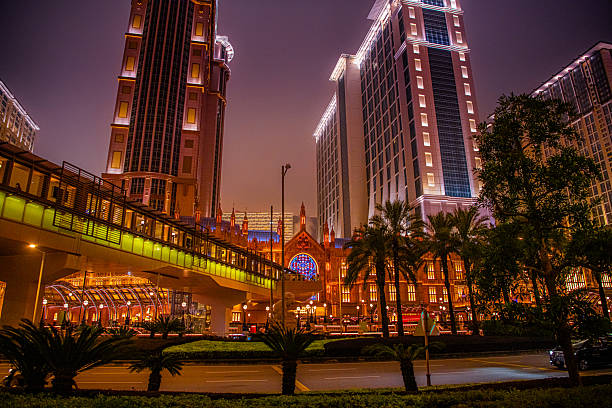 Taipa, Macau on 10 JANUARY 2024. The Venetian Macao's stunning facade under a cloudy sky, framed by lush trees at night. A grand Venetian-style building with a tall clock tower, creates a captivating scene.