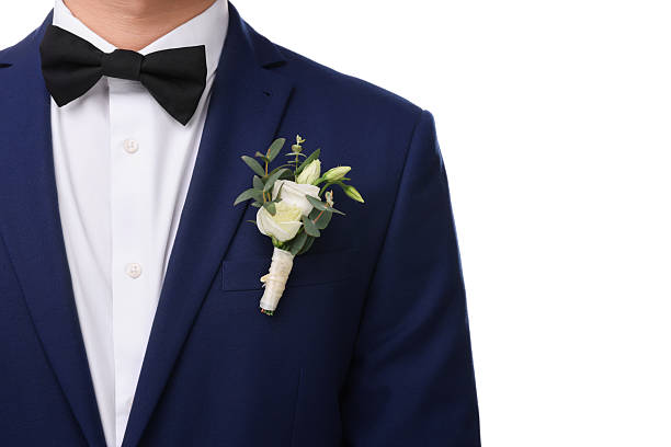 istock Groom with boutonniere on white background, closeup. Wedding accessory 2242095754