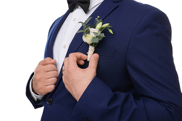 istock Groom with boutonniere on white background, closeup. Wedding accessory 2242095773