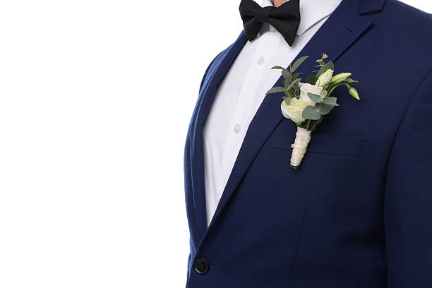 istock Groom with boutonniere on white background, closeup. Wedding accessory 2242095784