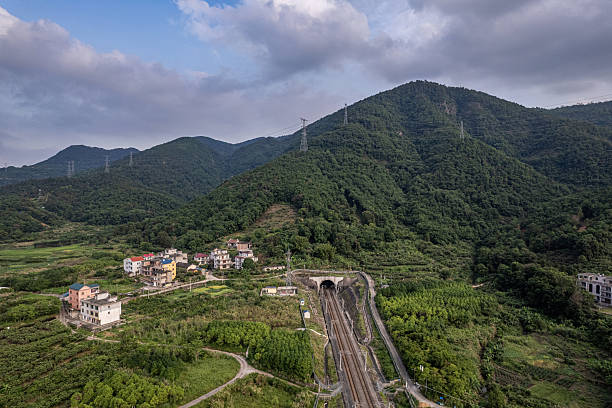 istock Aerial view of the railway passing through rural fields 2242103436