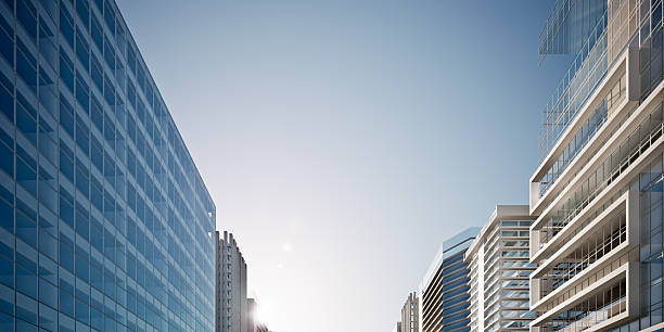 3D rendering of empty sky in city downtown with copy space. Ideal for business or corporate background. Visuals related to company branding, business cooperation and real estate property.