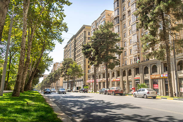 Street in Dushanbe, Tajikistan, lined with leafy trees and Soviet architecture, vibrant city life and parked cars on a sunny day.