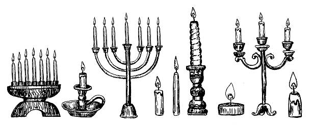 Vintage candle set illustration. Hand drawn engraving style collection of candles, candlesticks, candelabras, menorah and kinara. Holiday candle designs for Christmas, Kwanzaa, Hanukkah isolated