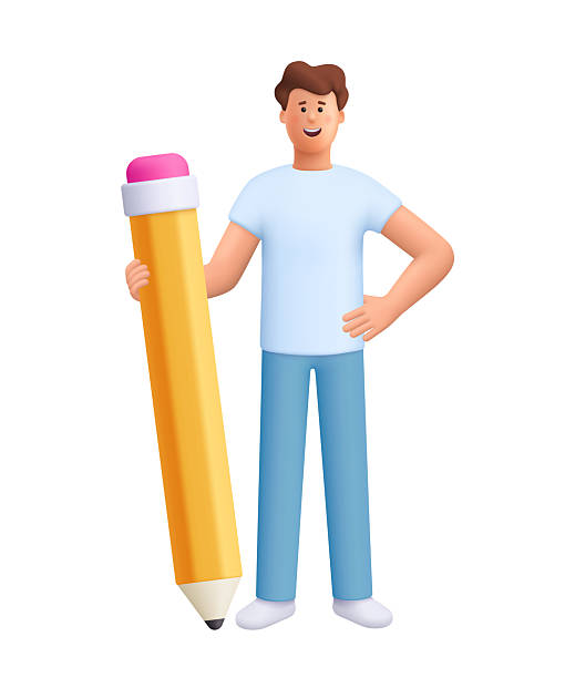 istock Young smiling man James standing and holding big yellow pencil. Copywriting, creativity, writing and education concept. 3d vector people character. Cartoon minimal style. 2242115010