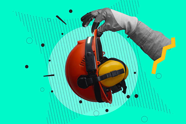 istock Creative art collage with safety helmet, protective earmuffs and worker glove. Modern abstract design for construction, repair, industry, workplace safety, engineering and labor day. 2242115038