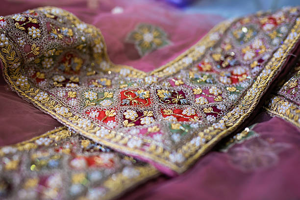 istock Indian bride’s traditional wedding outfit textile fabric and pattern close up 2242117838