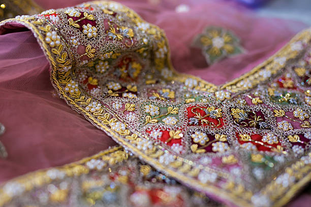 istock Indian bride’s traditional wedding outfit textile fabric and pattern close up 2242117841