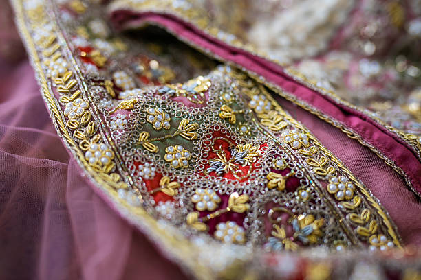 istock Indian bride’s traditional wedding outfit textile fabric and pattern close up 2242117959