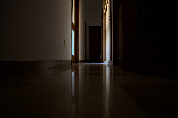 Shady corridor of a house with furniture occuping it