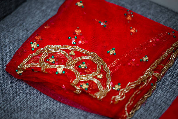 istock Indian bride’s traditional wedding outfit textile fabric and pattern close up 2242118677