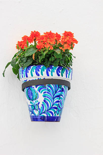 Colorful porcelain pot with red flowers on the wall by the street of Mijas Pueblo. Costa del Sol, Andalusia, Spain.