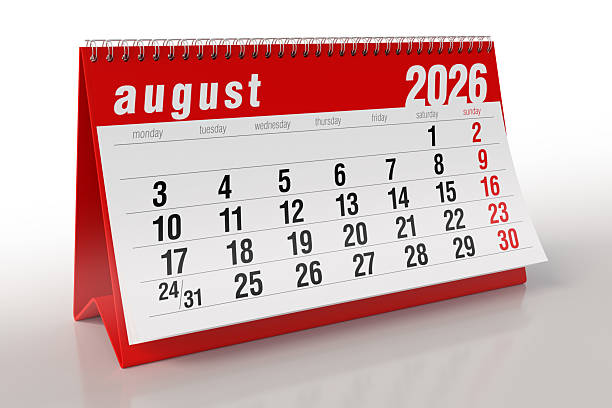 istock Red Desktop Calendar Showing August 2026 Month 2242126988