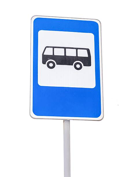 istock The road sign is a bus stop. bus icon on a white and blue background. Isolate the layout on a white transparent background for the design. 2242141165