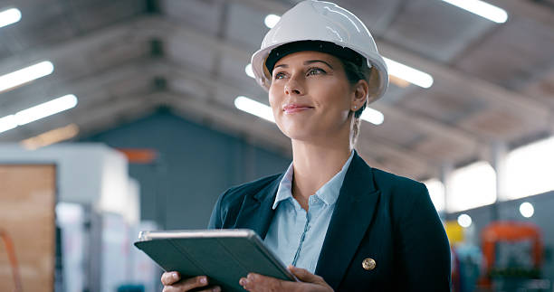 istock Tablet, woman and engineer thinking in warehouse, manufacturing and supply chain or logistics. Technology, shipping idea and quality control employee in factory, ecommerce and production industry 2242145327