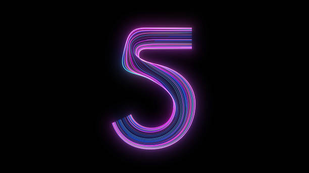 Stylized number 5 with glowing blue and magenta neon lighting over transparent background with alpha channel, part of a cohesive sci-fi number set, static digital illustration, futuristic neon design