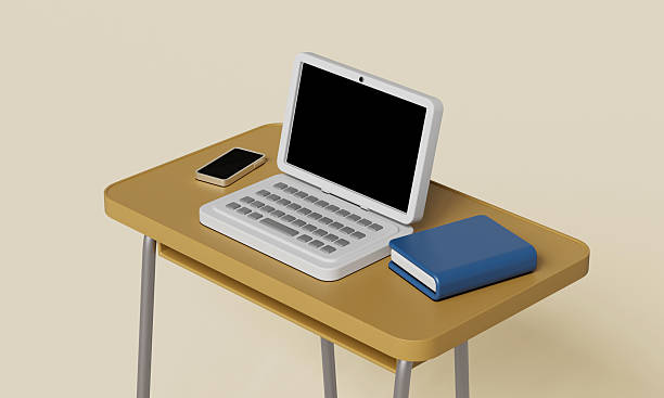 istock Study Desk with Laptop, Smartphone, and Book Mock up. 3D Rendering. 2242155920