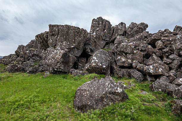 istock rock formations and grass field in Iceland 2242161596