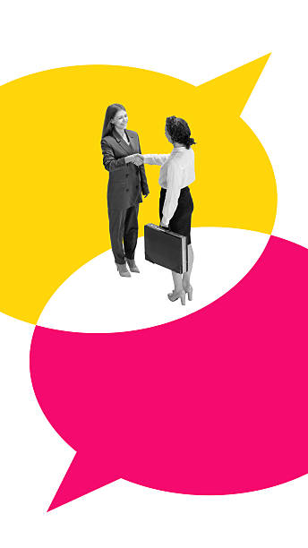 istock Colorful collage. Businesswomen shaking hands on overlapping speech bubbles symbolizing dialogue and trust 2242162022