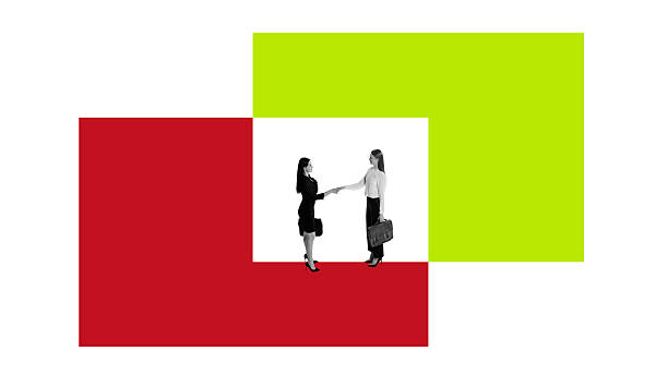 istock Creative digital artwork. Businesswomen shaking hands over red and green rectangles representing partnership 2242162023