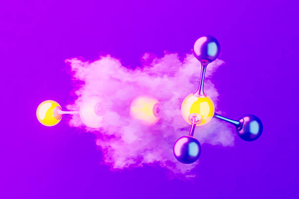 Molecular Structure with Particles and Fog on Purple Background. Digitally generated image. 3d render.