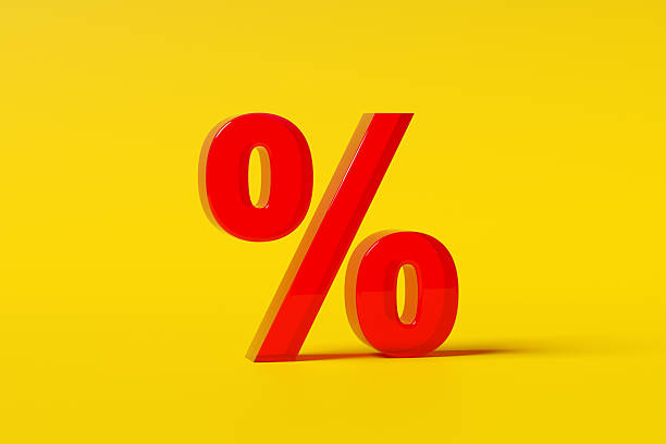 istock Red Glassy Percentage Symbol on Yellow Background Representing Discount 2242164782