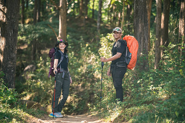 istock Adventurous hikers enjoying a sunny trail in a lush forest, surrounded by greenery and tall trees, ready for their outdoor adventure with backpacks and trekking poles 2242167549