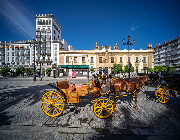 istock Horse-drawn carriages in Seville before historic architecture 2242167564