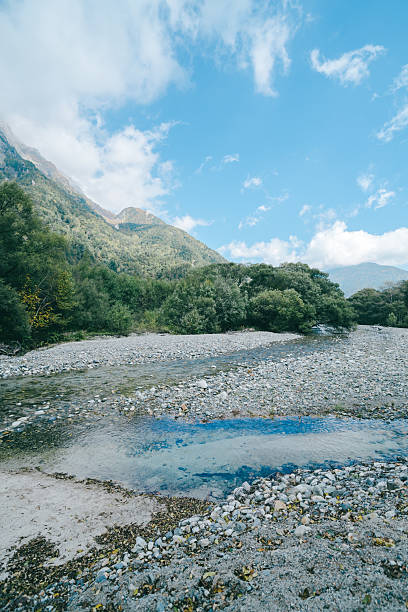 Crystal clear mountain stream flowing over rocks with trees and blue sky in the background