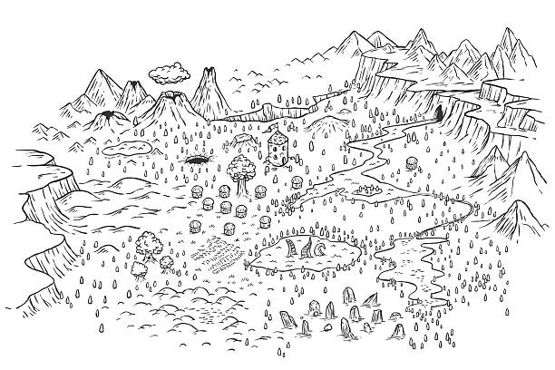 Hand draw cartoon fantasy map landscape with mountains, forest, volcano, village, castle, water in doodle line style. Isometric vector illustration for medieval adventure game.