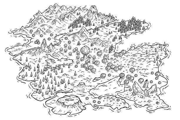 Hand draw treasure cartoon island map with landscape in doodle line style. Isometric vector illustration for medieval fantasy adventure game.