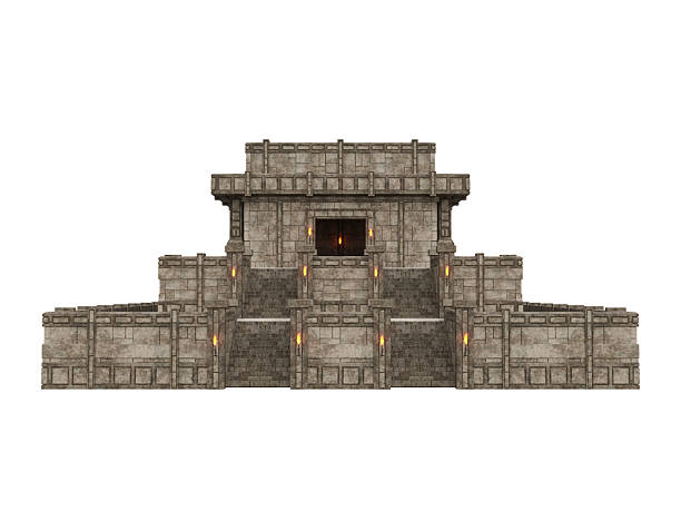 Ancient Aztec or Mayan temple with fire torches beside the steps. Isolated 3D rendering.