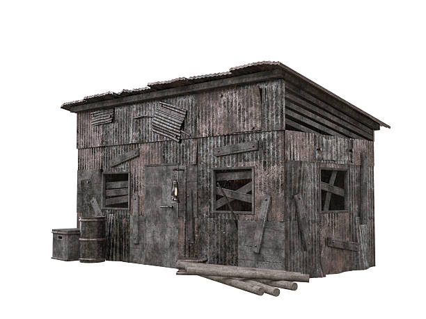 istock Isolated 3D rendering of a dirty old shack built from scrap metal. 2242173315