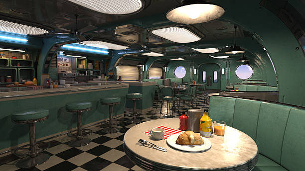 istock Retro futuristic diner interior with food on the table and stools by the bar. 3D render. 2242173326