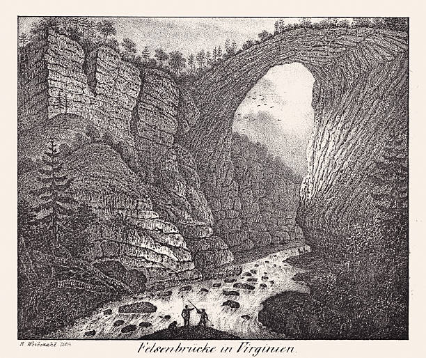 Historical view of the Natural Bridge in Rockbridge County, Virginia, United States. The geological formation comprising a 215-foot-high (66 m) natural arch with a span of 90 feet (27 m). It is situated within a gorge carved from the surrounding mountainous limestone terrain by Cedar Creek, a small tributary of the James River. Natural Bridge has been designated a Virginia Historic Landmark and a National Historic Landmark. Lithograph, published  ca. 1830.
